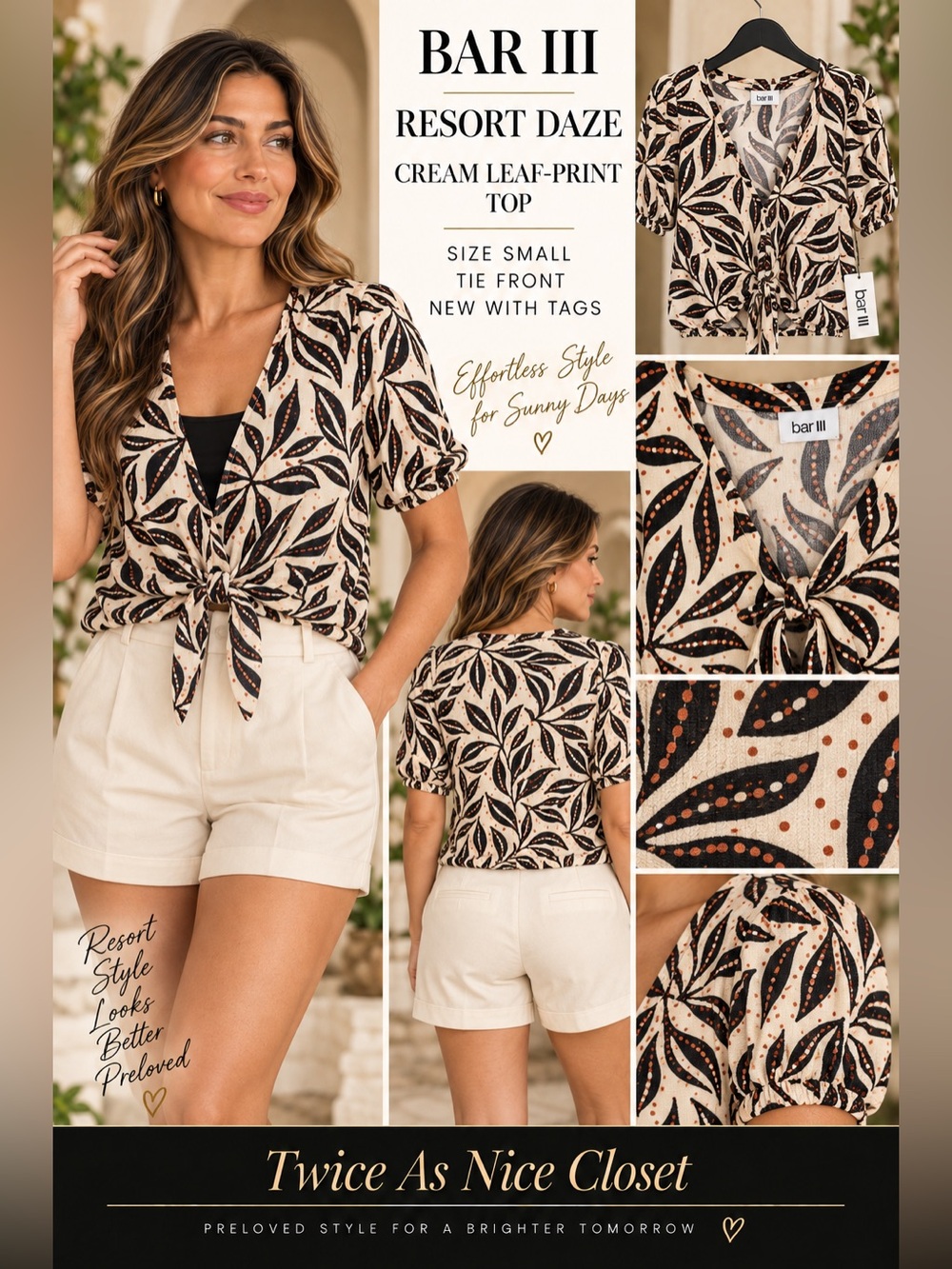 Bar III Cream Top with Black Leaf Print‎ and Rust Dot Details NEW S